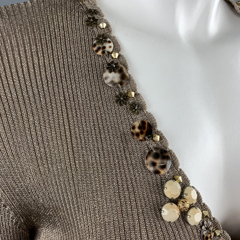 BLUMARINE Size 8 Taupe Sparkle Knit EMbellished V Neck Cardigan