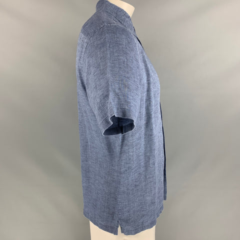 THEORY Size L Blue Linen Button Down Short Sleeve Shirt