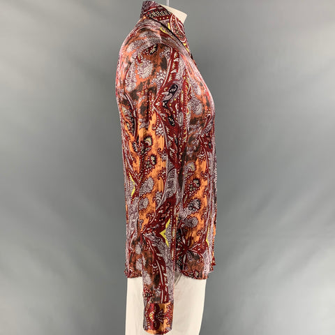JUST CAVALLI Size L Burgundy & Brown Print Silk Button Up Long Sleeve Shirt