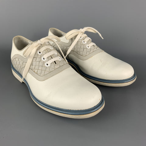 BOTTEGA VENETA Size 12 White & Grey Woven Leather Contrast Trim Lace Up Shoes