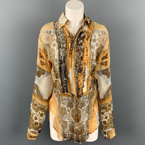 vintage JEAN PAUL GAULTIER FEMME Taille M Tan &amp;Beige Print Soie Plissée Chemise
