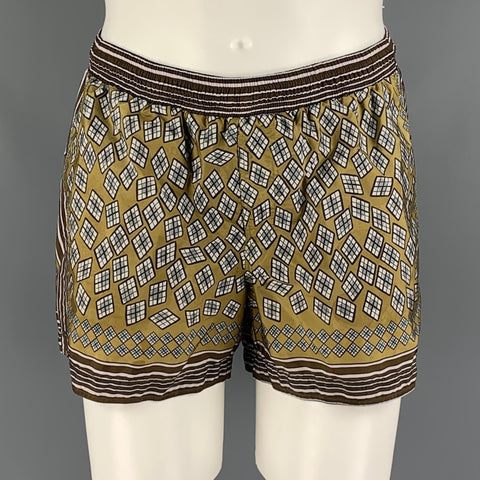 BURBERRY PRORSUM Spring 2013 Size M Olive & Brown Geometric Nylon Drawstring Swim Trunks