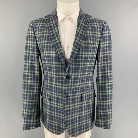 ETRO Size 40 Green Purple White Navy Plaid Wool Sport Coat