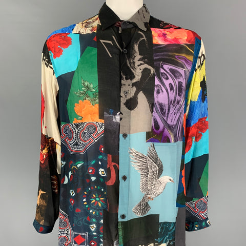 YOHJI YAMAMOTO BLACK SCANDAL Size XL Multi-Color Print Cupro Tencel Tunic Long Sleeve Shirt
