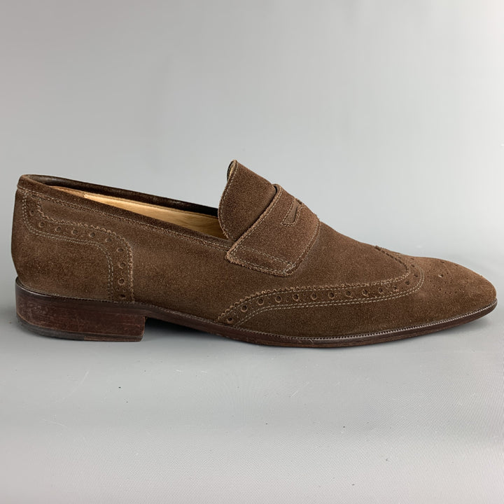 MERCANTI FIORENTINI Size 12 Brown Perforated Suede Wingtip Loafers
