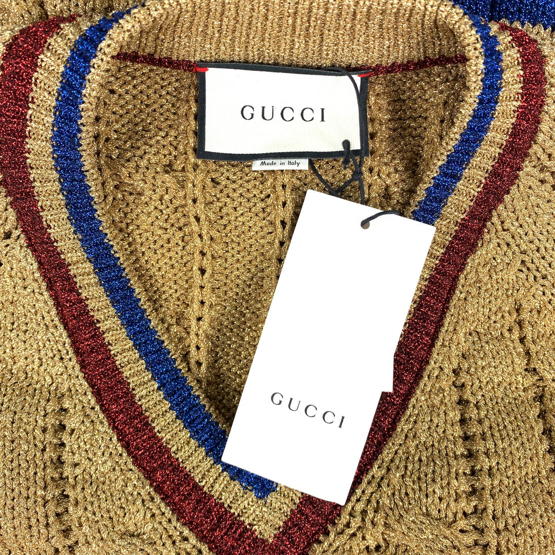 GUCCI Size XL Gold Metallic Fiber Blend Cable Knit V-Neck Sweater