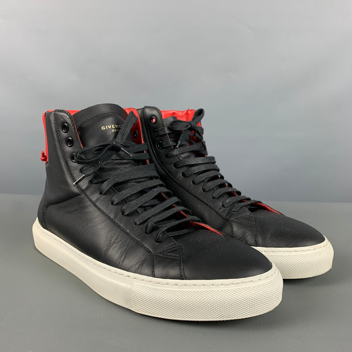 GIVENCHY Size 10 Black Red & White Color Block Leather High Top Sneakers