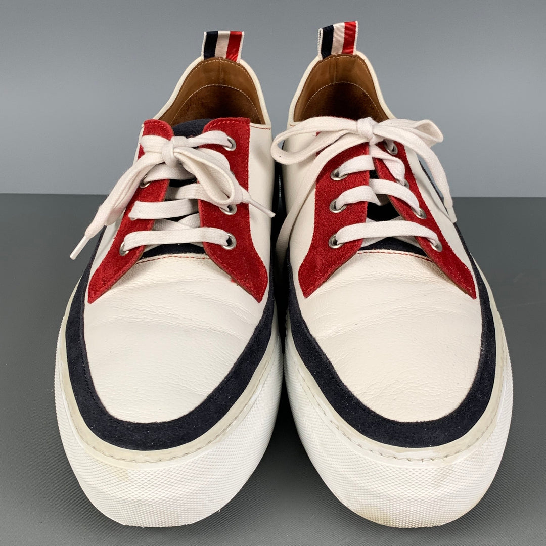 THOM BROWNE Size 10 White Red & Blue Color Block Leather Platform Sneakers