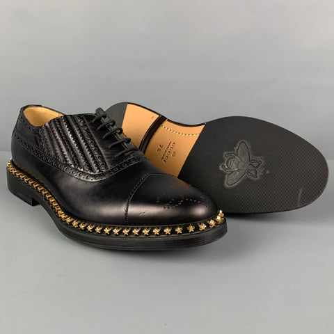 GUCCI Size 8 Black Perforated Leather Studded Lace Up Shoes