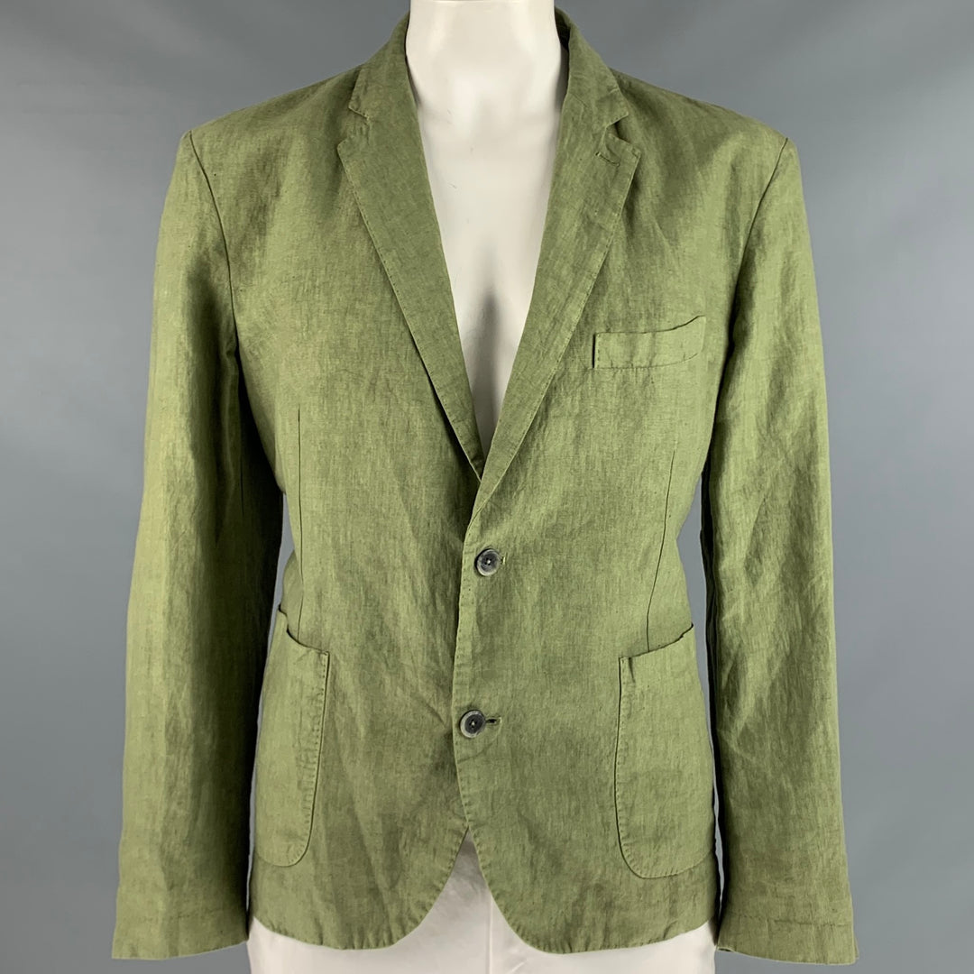 120% LINO Size 46 Green Solid Linen Notch Lapel Sport Coat