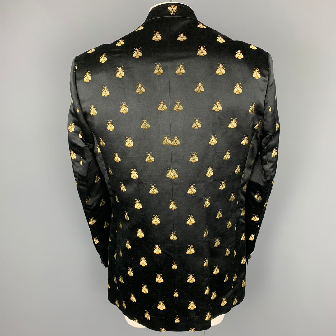 CUSTOM MADE Size 42 Black & Gold Bee Jacquard Motif Nehru Collar Sport Coat