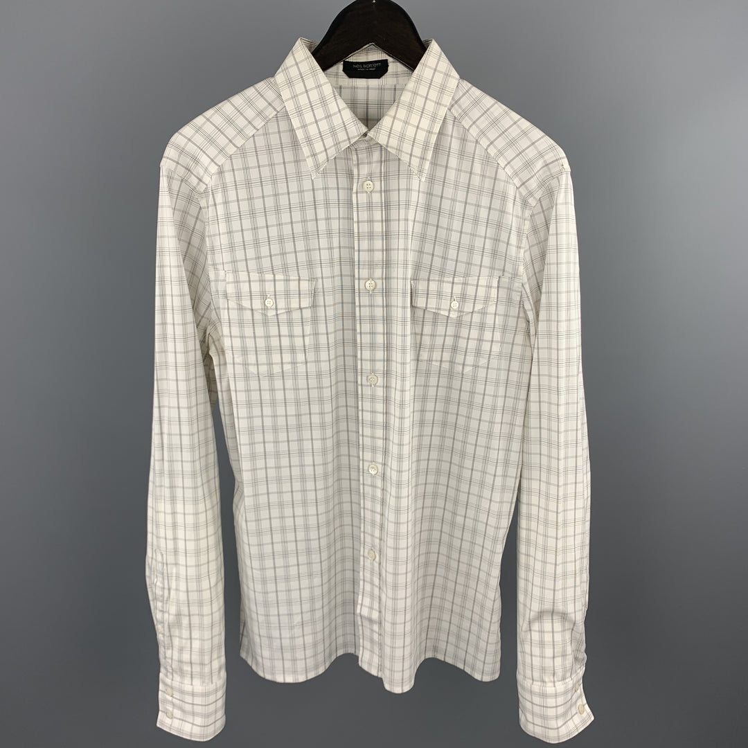 NEIL BARRETT Talla L Camisa de manga larga con botones de algodón a cuadros blancos y grises