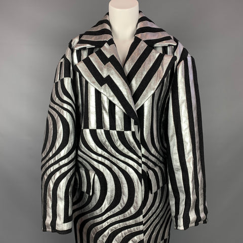 DRIES VAN NOTEN FW 14 Size S Black & Silver Stripe Wool Blend Oversized Double Breasted Coat