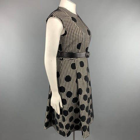 AKRIS Size 12 Black & Beige Polka Dot Houndstooth Belted Shift Dress