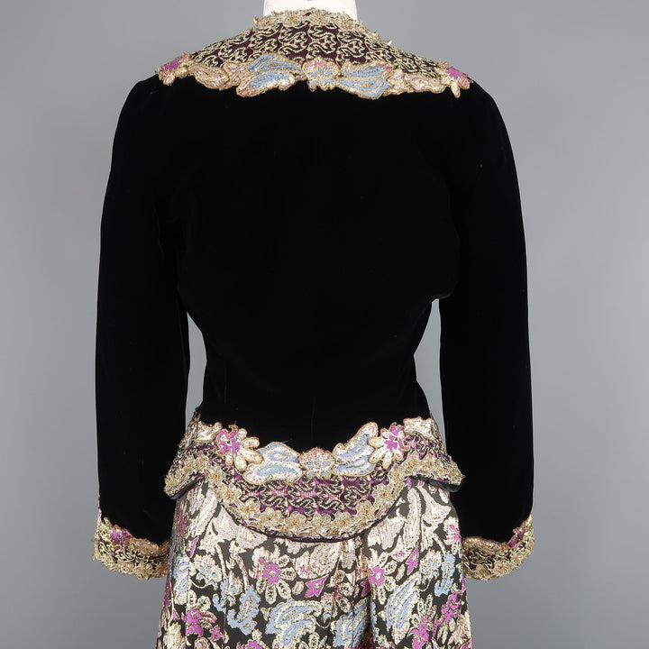 Vintage VICTOR COSTA Size US 8 Black Velvet & Gold Damask Jacket & Skirt