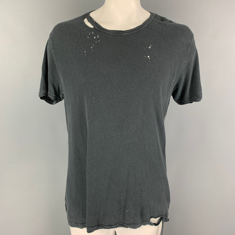 KSUBI Size L Grey Distressed Linen Cotton Crew-Neck T-shirt