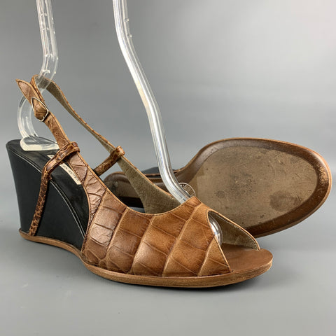DRIES VAN NOTEN Size 8 Tan & Black Embossed Wedge Peep Toe Sandals