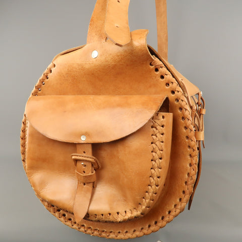 EUROPEAN NATURAL LEATHER BAGS Tan Leather Duffle Woven Trim Duffle Bag