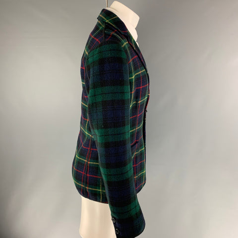MOSCHINO Chest Size 40 Size 40 Green Navy Plaid Notch Lapel Jacket