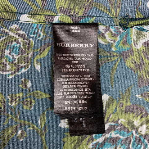 BURBERRY Size S Navy & Green Floral Silk Pajama Long Sleeve Shirt