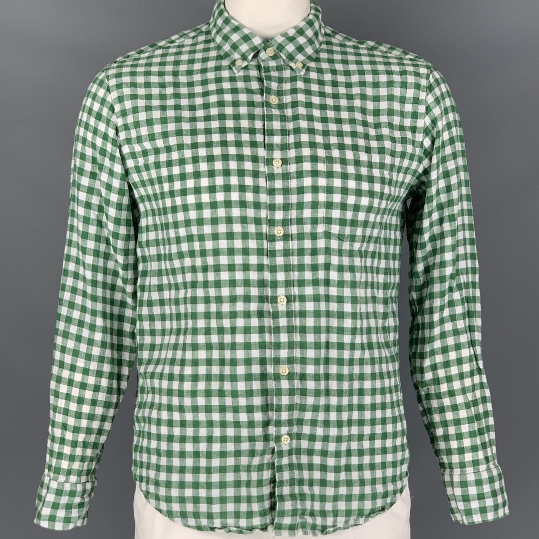 J CREW Size L Green White Checkered Linen &  Cotton Button Down Long Sleeve Shirt