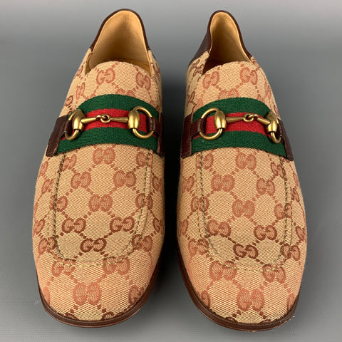 GUCCI Size 9 Tan & Brown Monogram Canvas Slip On Horsebit Loafers