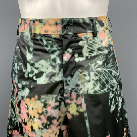 COMME des GARCONS HOMME PLUS Talla S Pantalones cortos de PVC con estampado floral jaspeado en negro y verde