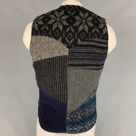 MONITALY Size 42 Navy & Grey Patchwork Wool Blend Zip Up Vest