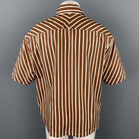 LANVIN Size S Brown & White Stripe Cotton Button Up Short Sleeve Shirt