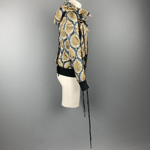 JOHN GALLIANO Size 36 Gold & Teal Newspaper Print Silk Bomber Jacket