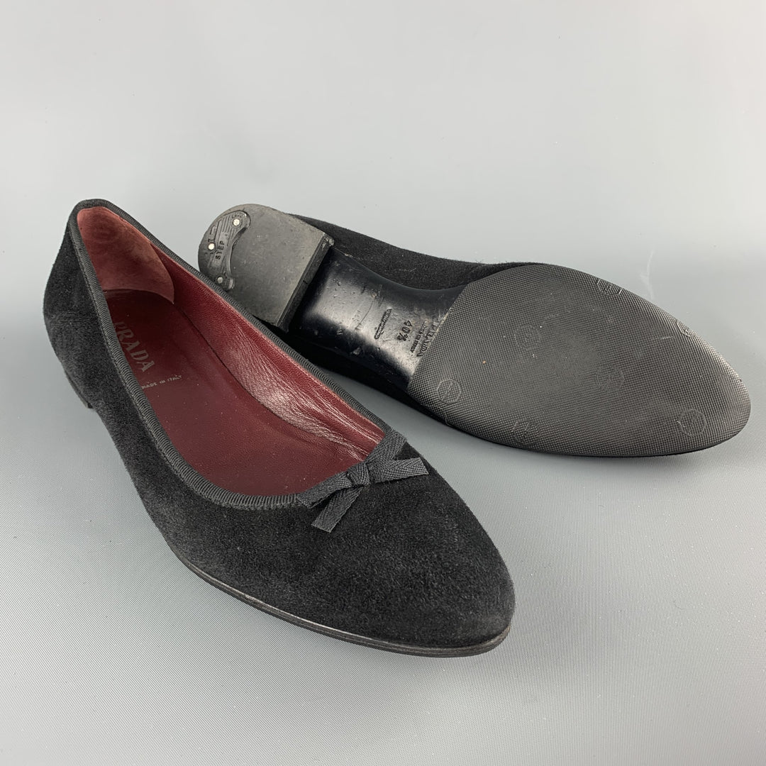 PRADA Size 10.5 Black Suede Pointed Bow Flats