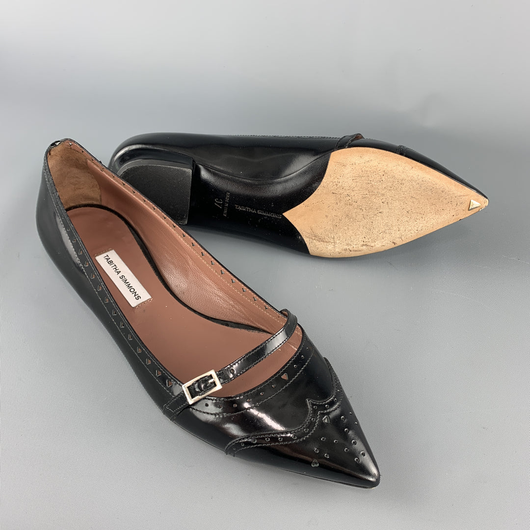 TABITHA SIMMONS Talla 7 Zapatos planos Mary Jane con punta de ala de charol negro