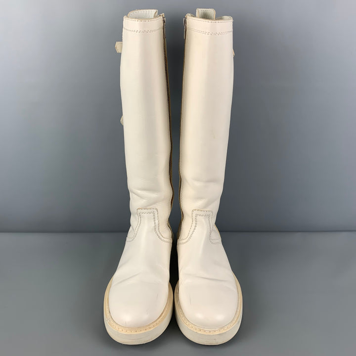 ANN DEMEULEMEESTER Size 8 White Leather Back Buckle Straps Boots