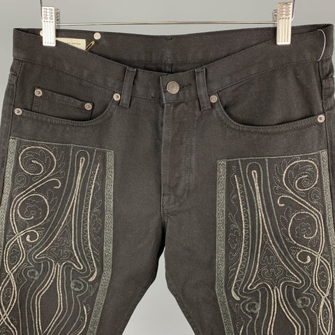 DRIES VAN NOTEN Size 31 Black Embroidered Denim Button Fly Shorts