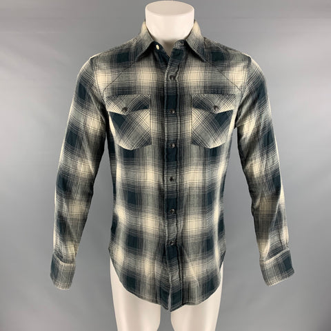 RALPH LAUREN Taille S Gris Off White Plaid Cotton Snaps Chemise à manches longues