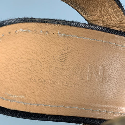 HOGAN Talla 6.5 Sandalias de cuña de alpargata de tela negra y beige