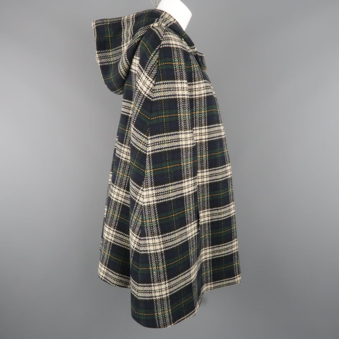 SAINT LAURENT Size 8 Blue & Green Plaid Wool Hooded Cape