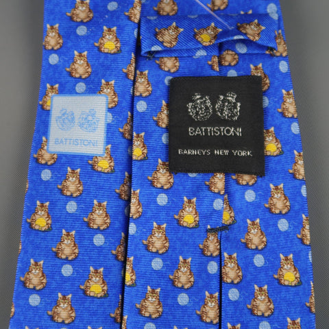 BATTISTONI Blue Silk Polka Dot Kitty Cat Print Neck Tie