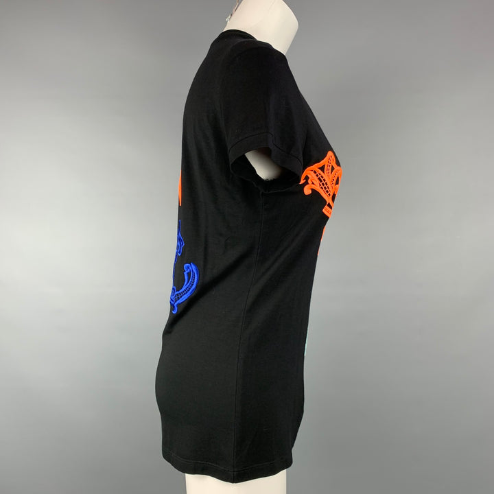 VERSACE Size 8 Black Embroidered Viscose Crew-Neck T-shirt