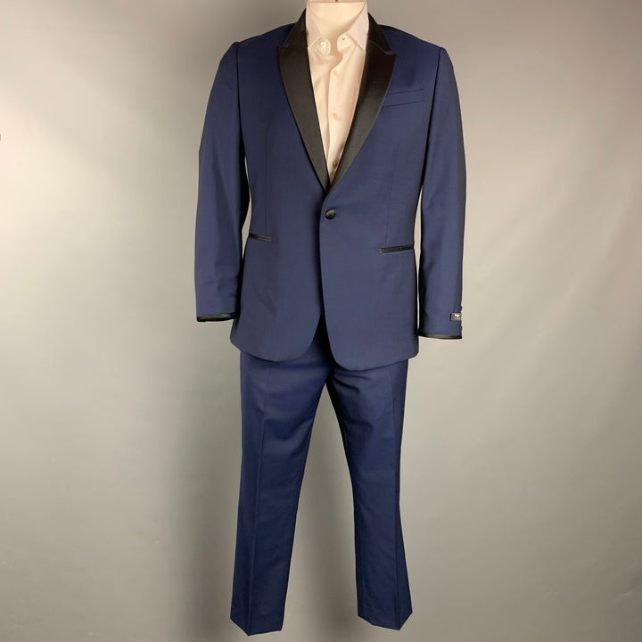 PAUL SMITH Size 42 Navy & Black Wool / Mohair Peak Lapel Tuxedo Suit