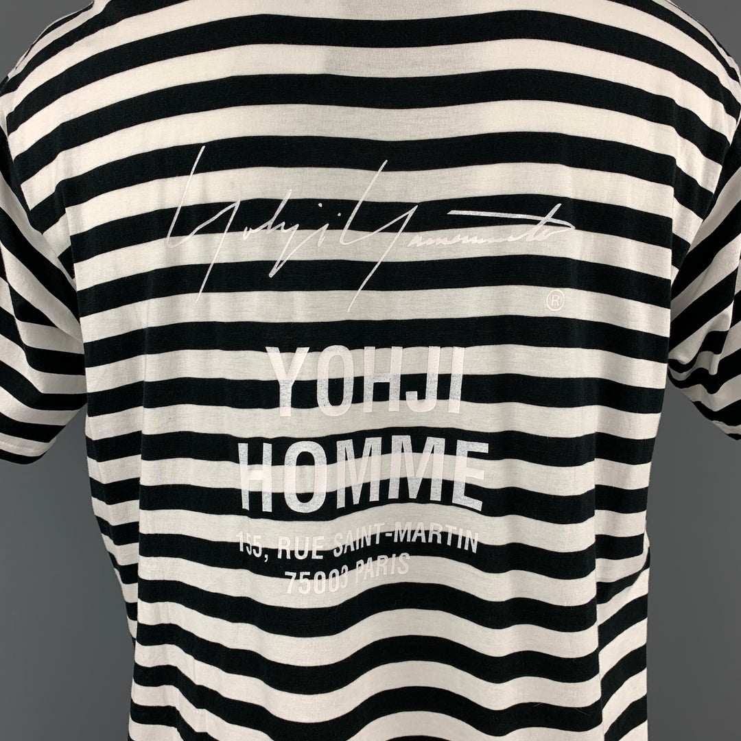 YOHJI YAMAMOTO Talla XL Camiseta Manga Corta Algodón/Rayón Rayas Blancas y Negras