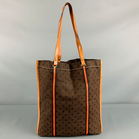 COLE HAAN Brown Orange Stripe Canvas Tote Handbag