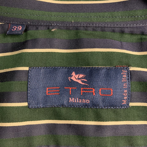 ETRO Size S Navy & Green Stripe Cotton Button Up Long Sleeve Shirt