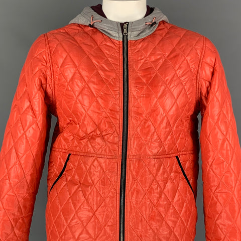 FOLK Size L Orange & Grey Quilted Polyester Zip Up Hooded Jacket