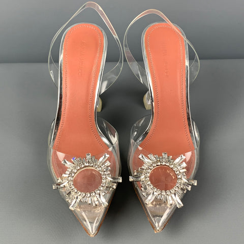 AMINA MUADDI Tamaño 8 Zapatos de tacón con tira trasera Begum con pedrería de acetato transparente plateado
