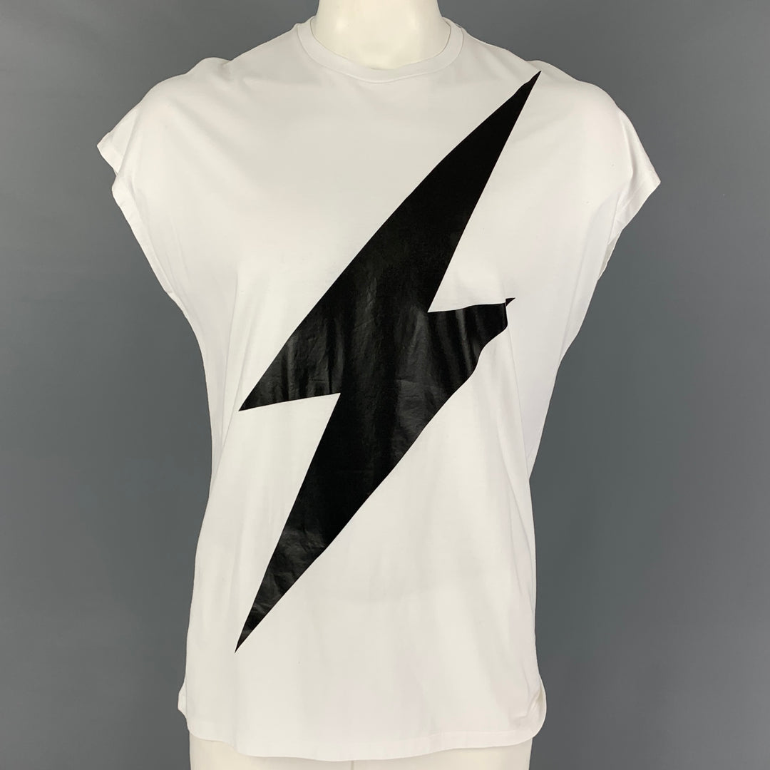 NEIL BARRETT Size M White Black Lighting Bolt Sleeveless T-shirt
