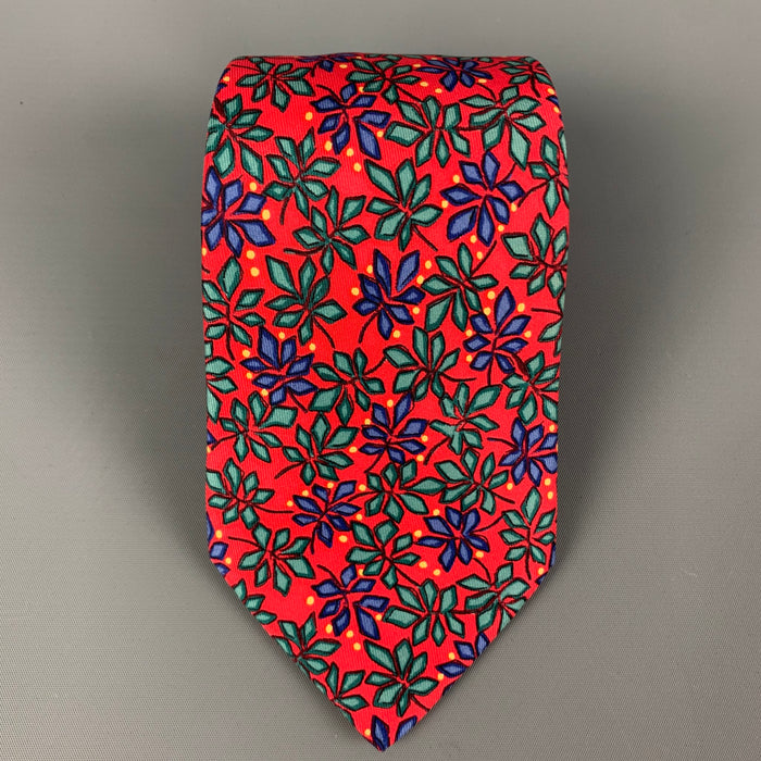 HERMES 7365 PA Red Multi-Color Poinsettias Print Silk Tie