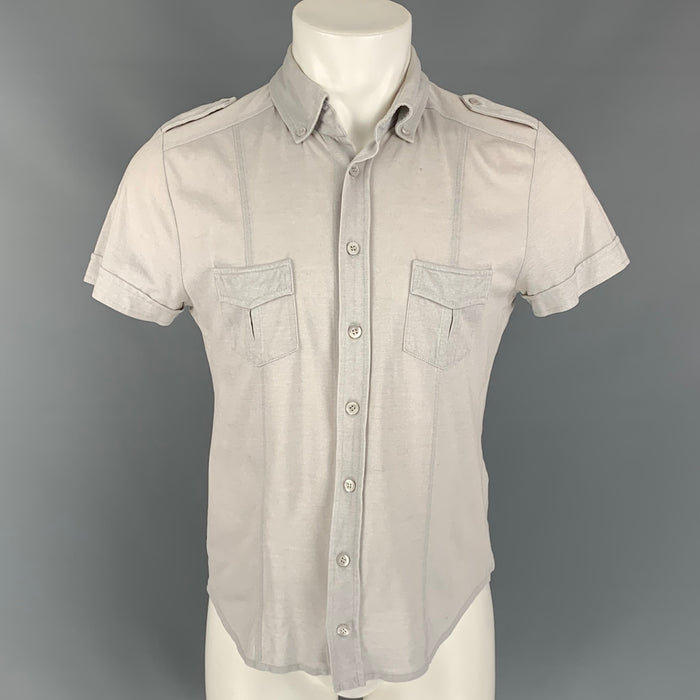 GUCCI Size M Light Grey Textured Cotton Button Down Short Sleeve Shirt