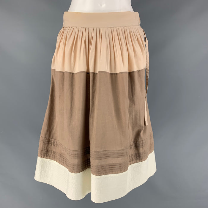 MARNI Size 2 Beige &  Brown Cotton Pleated A-Line Skirt