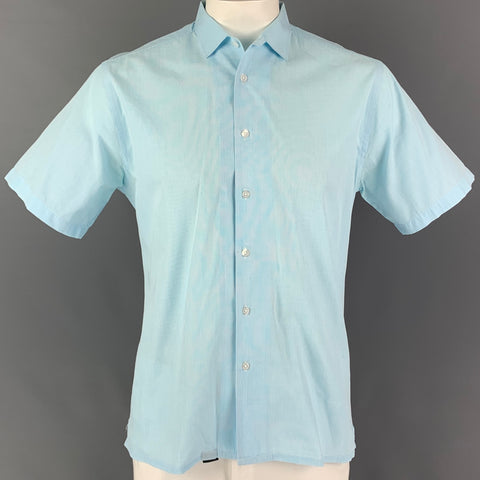 EMILE LAFAURIE Size L Turquoise White Checkered Cotton Short Sleeve Shirt